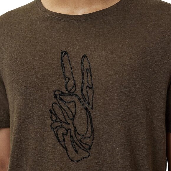 John Varvatos Men's Peace Sign Stitched Cording Linen SS Crew T-Shirt Teakwood - Picture 4 of 6
